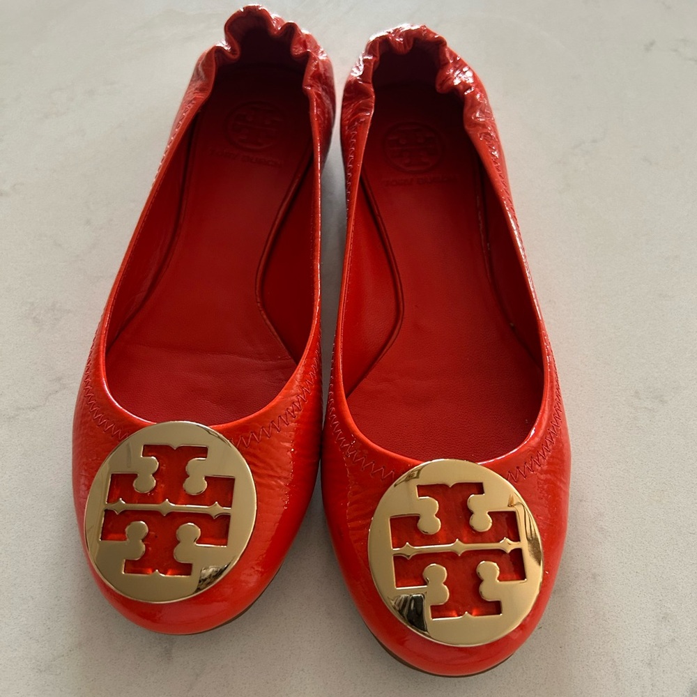 Tory Burch Gold and Orange Loafers with Iconic Medallion
